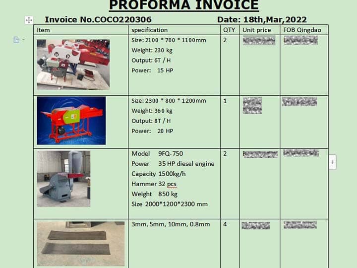 Chaff cutter and crusher invoice-côte d'ivoire